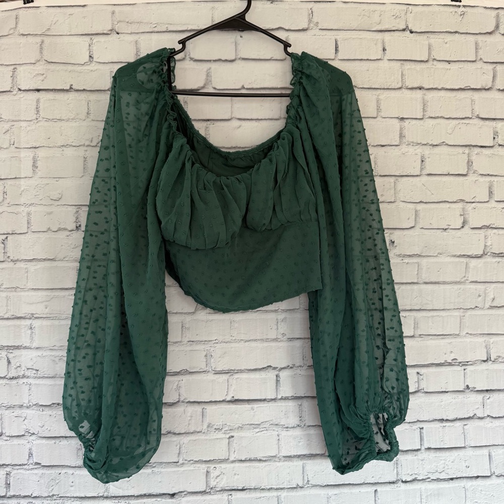 Women's Green Swiss Dot Puff Sleeve Blouse